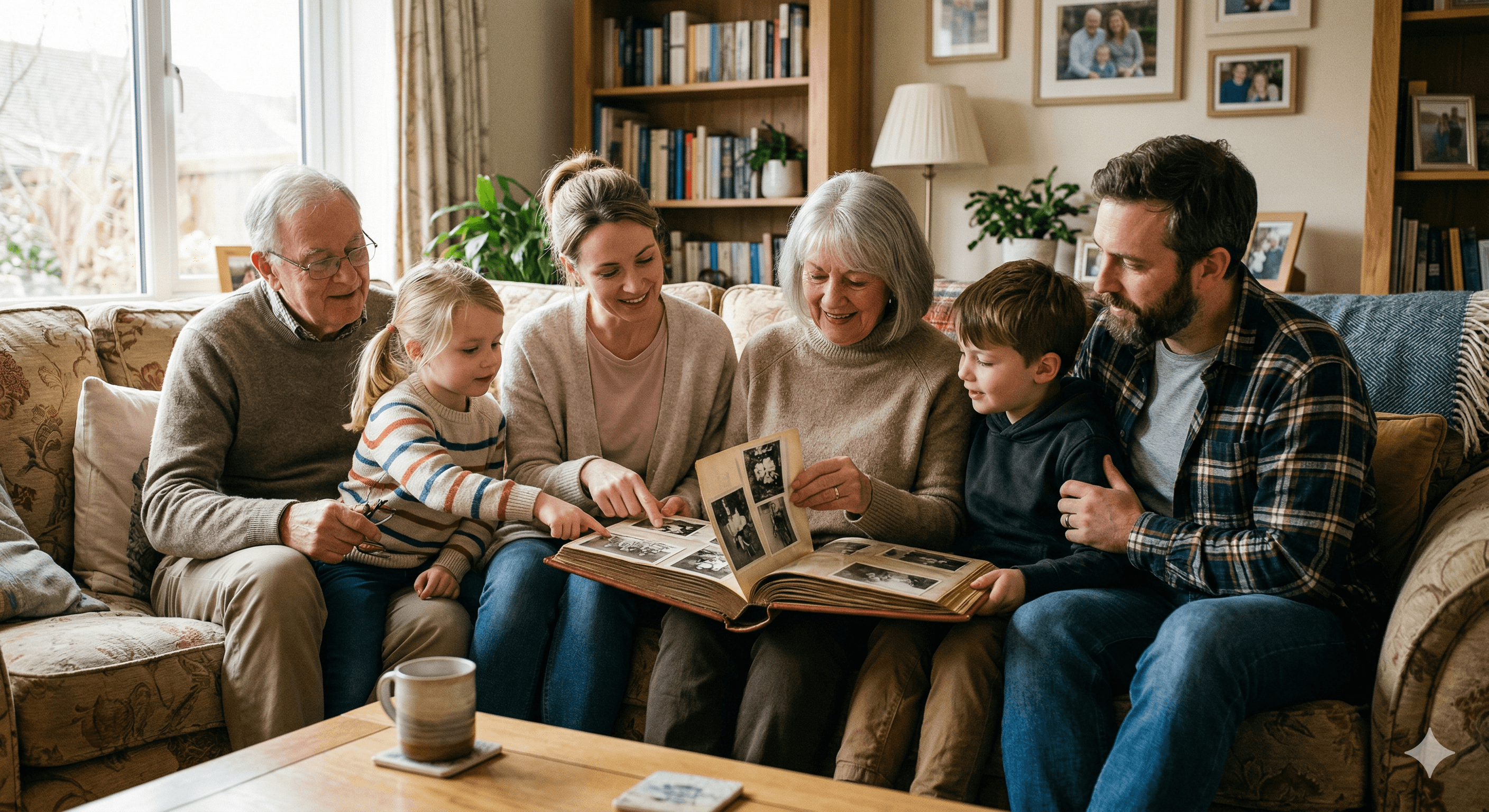 Multiple generations of a family sitting together and looking through an album of old photographs