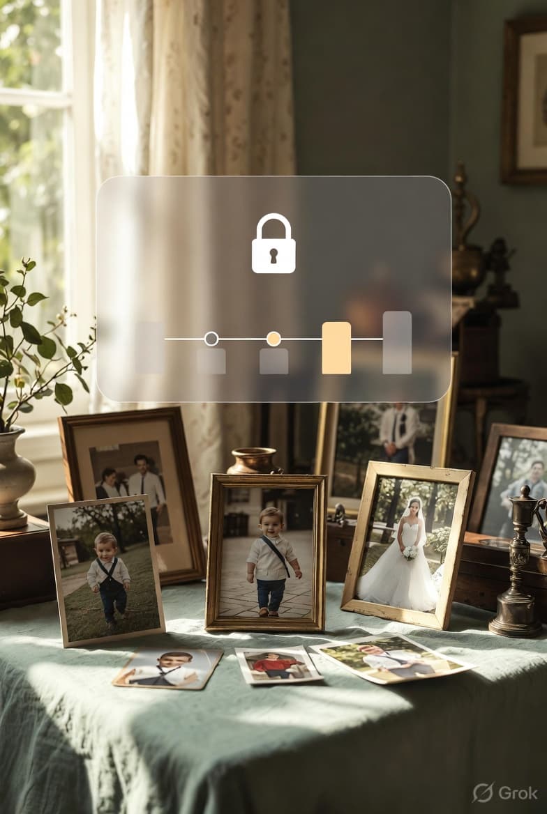 A memorial photo table with a privacy control interface