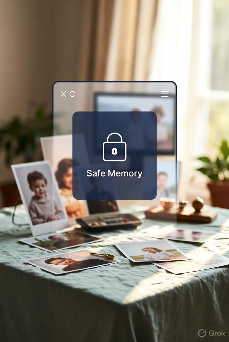 Printed family photographs on a table with a lock interface hovering above them