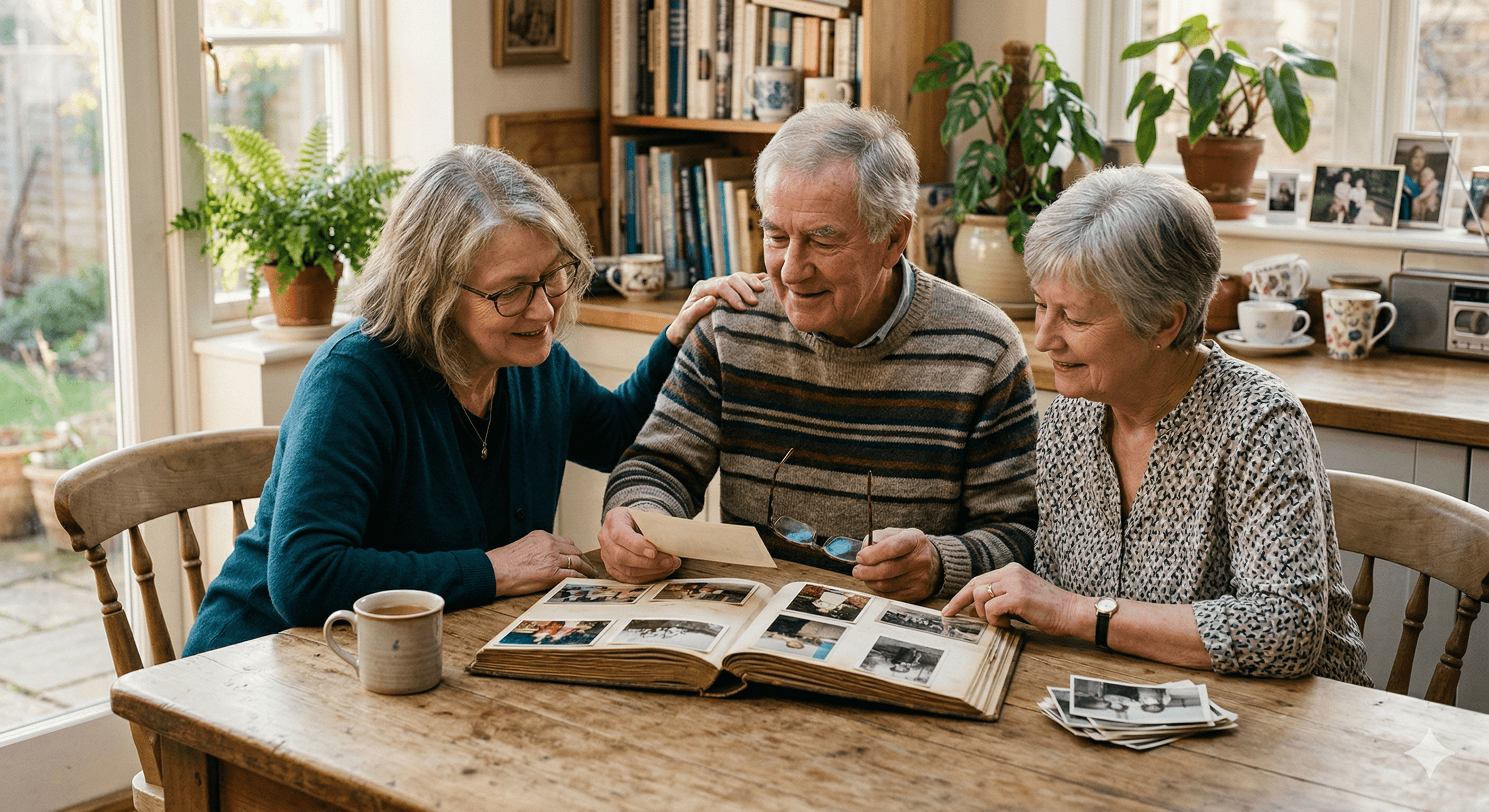 Family members gathered around a table looking through a photo album together