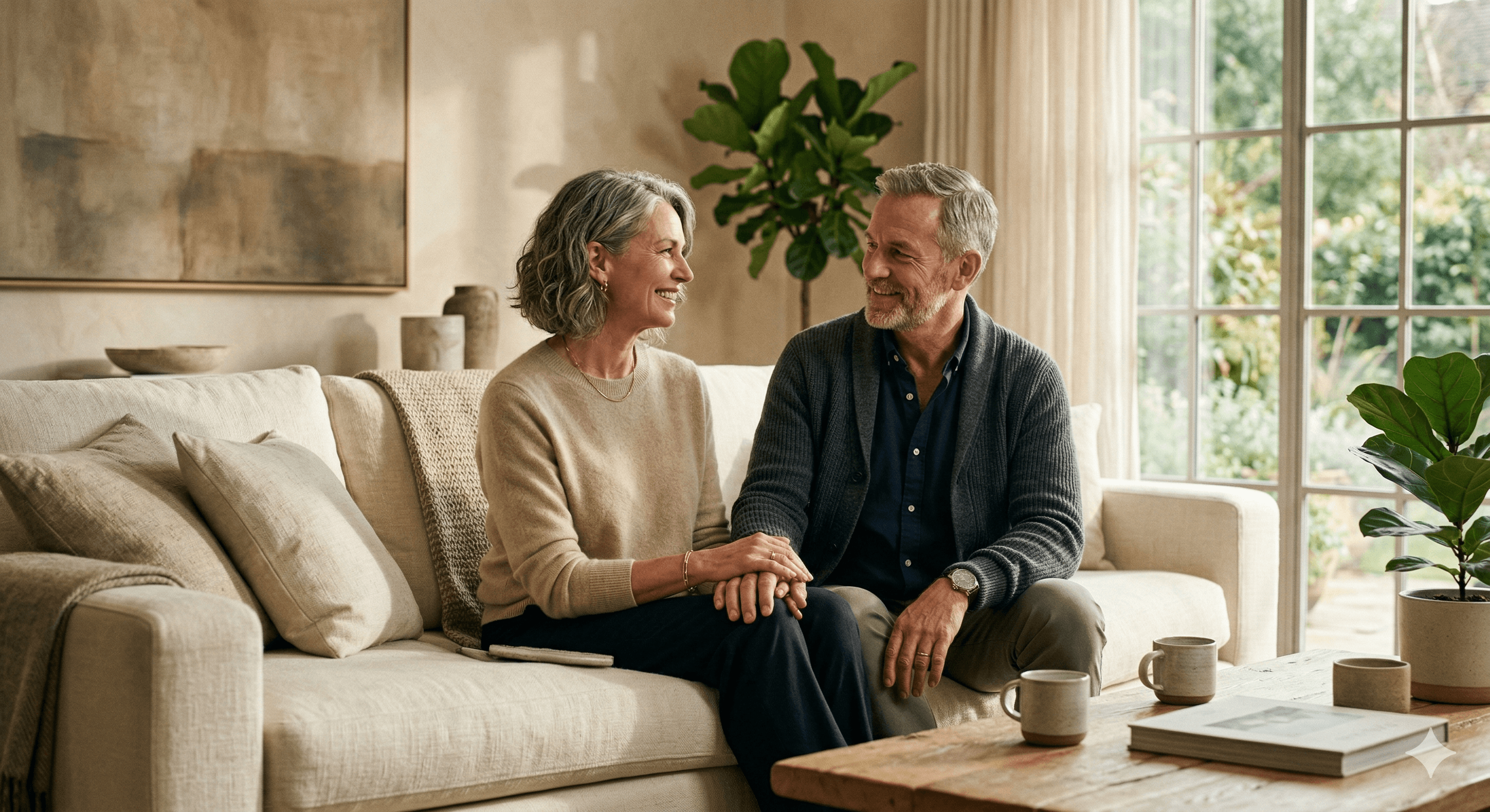 A couple sitting together in a bright living room with a calm and reflective mood