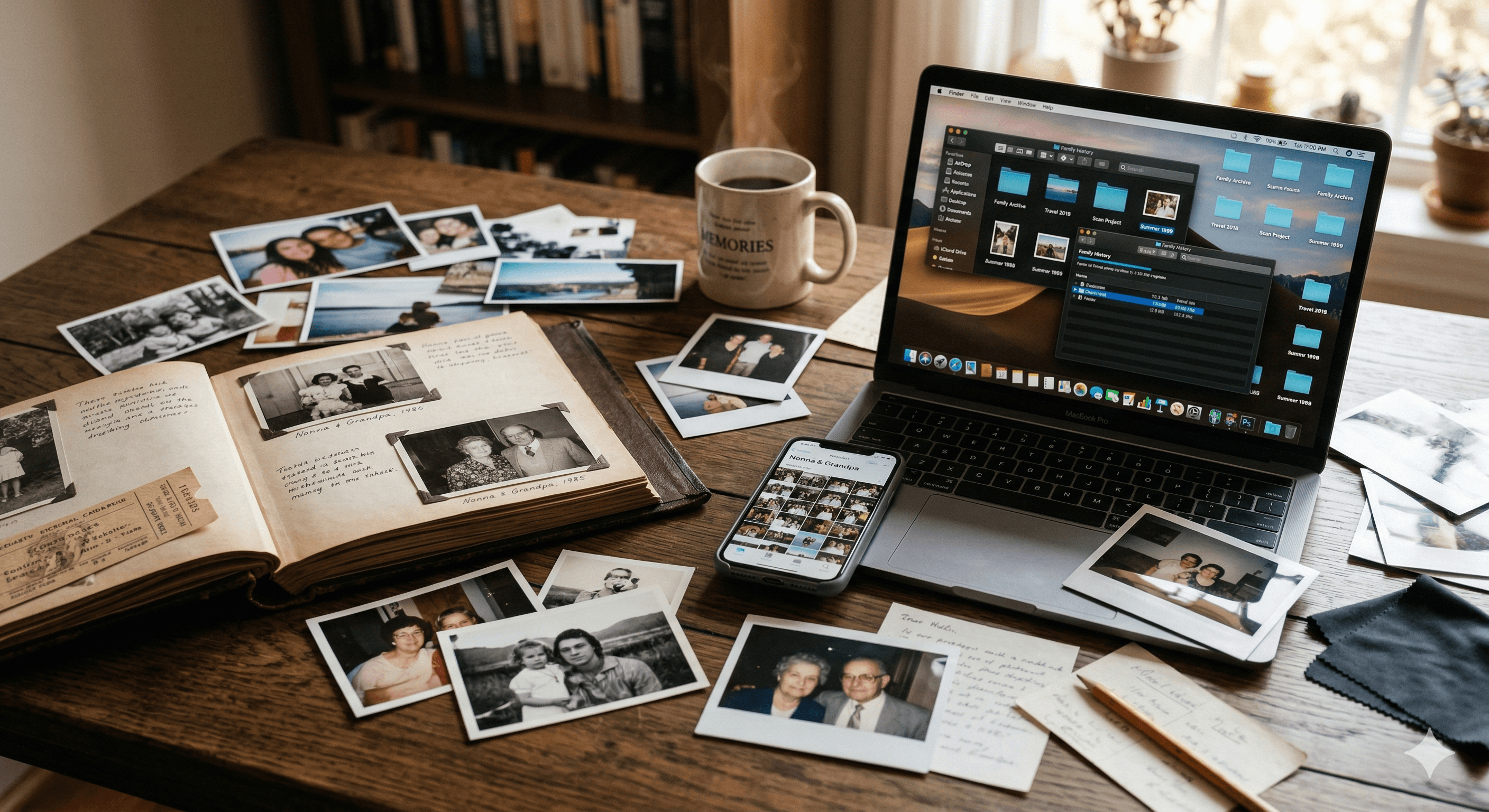 Printed family photographs beside a laptop displaying a family archive folder structure